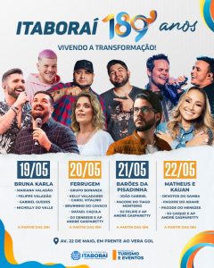 Itaboraí 189 anos shows de Matheus e Kauan, Barões da Pisadinha, Ferrugem, Bruna Karla, Mariana Valadão e muito mais