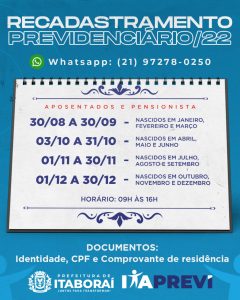 Recadastramento previdenciário 2022 para aposentados e pensionistas da Prefeitura de Itaboraí começa dia 30